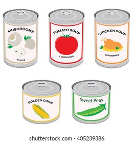 Vector Illustration Canned Food Set, Collection. Tomato Soup, Chicken Soup, Sweet Peas, Golden Corn And Mushrooms.  Metal Tin Can