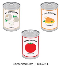 Vector illustration canned food set, collection. Tomato soup, chicken soup and mushrooms. Metal tin can