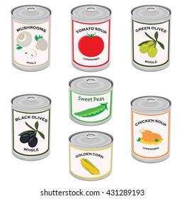 Vector illustration canned food set, collection. Tomato soup, chicken soup, sweet peas, golden corn, green and black olives, champignon mushrooms. Metal tin can