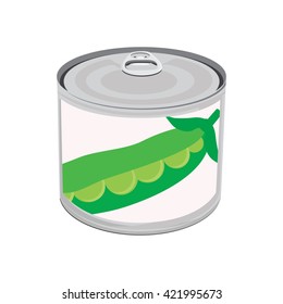Vector illustration canned food. Sweet peas.  Peapod. Metal tin can