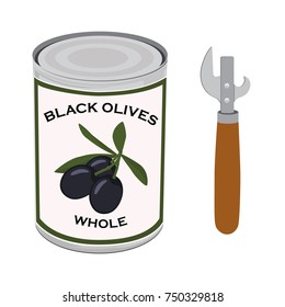 Vector illustration canned food. Whole black  olives. in metal tin can and can opener