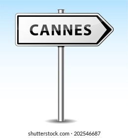 Vector Illustration Of Cannes Directional Sign On Sky Background