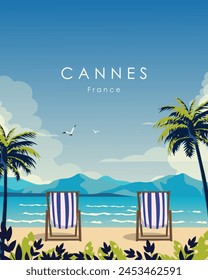 Vektorillustration Cannes Frankreich. Wandposter, Reise-Banner, Postkarte, Umschlag, Verpackung, Hintergrund. Vertikales Poster. Modernes Design. Tourismus, Reisen.