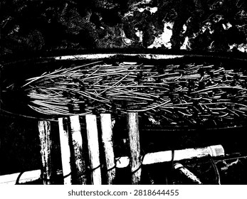 Vector illustration of canoe filled with Rhizophora mangrove propagules beneath bamboo bridge on wet mudflats. Eco restoration stencil.