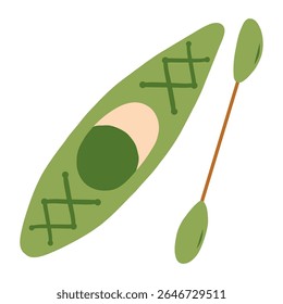 Vector illustration of canoe with paddle. Ideal for vacation, travel and adventure themes in retro doodle style. Flat design on white background.