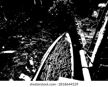 Vector illustration of canoe with Rhizophora mangrove propagules moored to bamboo bridge on wet mudflats. Coastal eco conservation stencil.