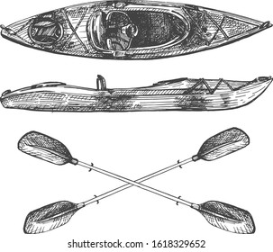 Vector illustration of canoe travel set. Top and side view on wooden kayak boat and crossed paddles or oars. Fishing and tourism concept. Vintage hand drawn style.