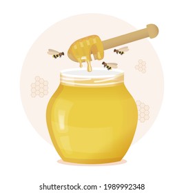 Vector illustration of cans with honey, honeycombs and bees. Honey in a jar with a bucket of honey.
