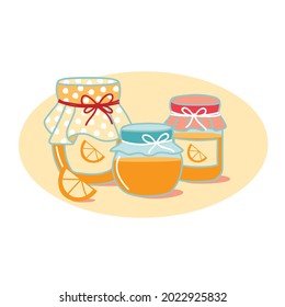 Vector illustration with cans of orange jam on a light orange background. A cozy illustration for printing prints on fabric, clothing, books, postcards and much more. Cute drawing with jam in jars.