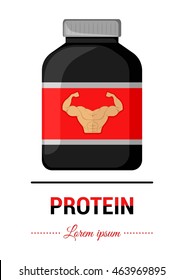 Vector illustration of cans protein additive in flat design.Symbol of a healthy lifestyle, strength, inflated muscles biceps and element fitness. Image for advertising website, print, flyer, banner.