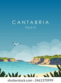 Vector illustration. Cantabria Spain. Wall poster, banner, tourist postcard, cover. Modern design. Print. Tourism.