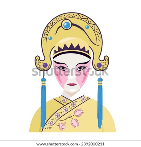 Vector illustration of a Cantonese Opera man. Chinese opera is an ancient musical. The men's roles in Beijing Opera. Male Dan in Chinese Peking Opera and singing part and makeup face.Chinese drama.