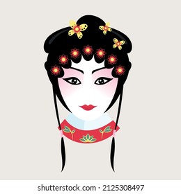 Vector illustration of a Cantonese Opera women. Chinese opera is an ancient musical. The woman makeup face. Chinese traditional drama face.