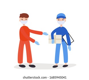 Vector illustration. The canvas depicts a courier who brought a parcel to a client's home. Fast home delivery, parcels, delivery man, courier, online store, business, food delivery, mask, distance