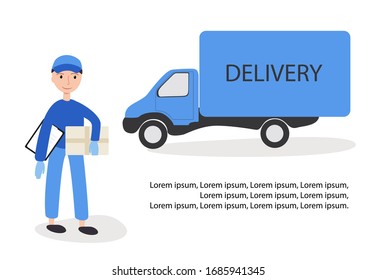  ilustración vectorial. servicios de entrega rápida en casa. Trabajar con guantes y sostener una caja. camión azul en el fondo