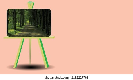 Vector illustration of a canvas with a picture of a forest on an easel. Painting, creativity, art. Forest painted on canvas. Amazing forest path, fantastic forest. Monochrome background, shadow.