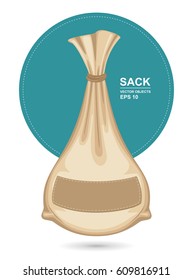 Vector illustration. Canvas sack. Big brown bagful with label on it. Full bag of flour or another products