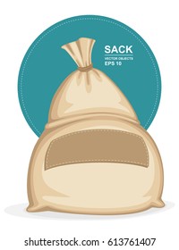 Vector illustration. Canvas sack. Big brown bagful with label on it. 