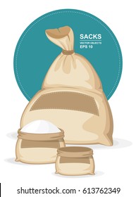 Vector illustration. Canvas sacks. Big brown bagful with label on it. Full bags of flour or another products