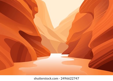 Vector illustration of canyon walls. The canyon walls are orange and red, and a river flows through the canyon. Landscape of sandy rocks. Sandy shiny wave mountains. Cleft of the mountains.