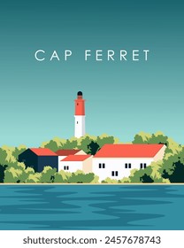 Ilustración vectorial. Póster de pared Cap Ferret, diseño de Anuncio, postal, cubierta. Turismo, viajes.