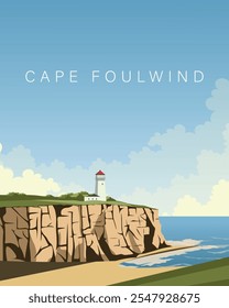 Vector illustration. Cape Foulwind New Zealand. Travel poster, banner, postcard, cover. Modern design. Tourism, travel.