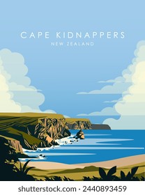 Vector illustration. Cape Kidnappers New Zealand. Design for poster, banner, postcard, cover. Tourism, travel.