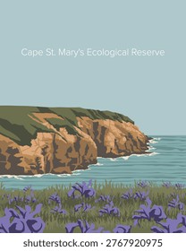 Vector illustration. Cape St. Mary's Ecological Reserve. Travel postcard, poster, banner, cover. Retro style, travel.