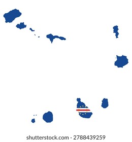 Vector illustration of Cape Verde in the shape of its island archipelago outline, filled with the Cape Verdean flag colors. Clean flat design featuring blue field with red and white stripes and yellow stars circle. Minimal geographic silhouette suitable for education, travel, and infographic use. Isolated scalable composition for digital and print projects.