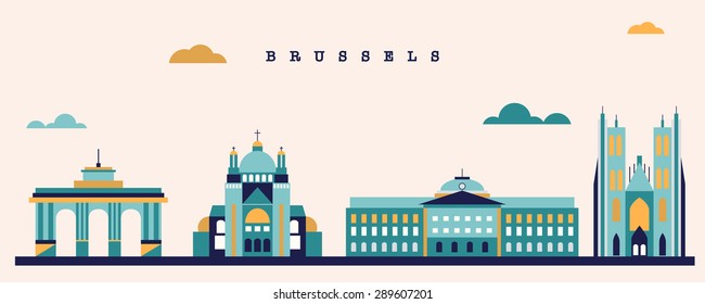 Vector illustration of the capital of Belgium. Brussels landmarks. Modern flat candy style. Can be used for logo, banners, guidebook, banners.