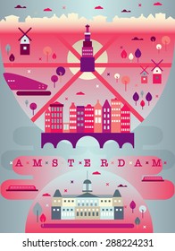 vector illustration of capital of Holland. Amsterdam panorama. Can be used fro publicity, banners, posters and etc. Modern flat style.