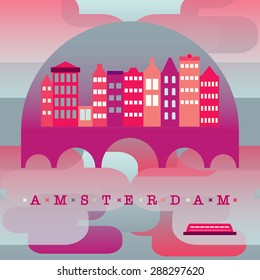 vector illustration of the capital of Holland. Amsterdam panorama. Modern flat style. Can be used for textile, banners, posters and etc