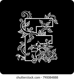 vector illustration, capital letter for text, alphabet F, letter on black background, ornamental text, letter for printing, monogram, eps10, handwritten font, letter for tattoo
