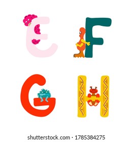 Vector illustration of capital letters of the latin alphabet. Baby monsters characters. Cartoon aliens are drawn by hands. Isolated elements on a white background for a children's room, clothes.