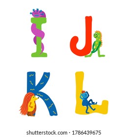 Vector illustration of capital letters of the latin alphabet. Baby monsters characters. Cartoon aliens are drawn by hands. Isolated elements on a white background for a children's room, clothes.