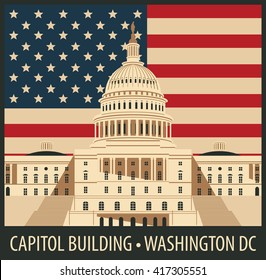 Vector illustration Capitol Building in Washington, DC with flag