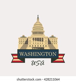 Vector illustration Capitol Building in Washington, DC with flag USA