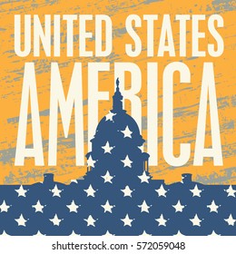 Vector illustration Capitol Building in Washington DC with flag and the words United States of America