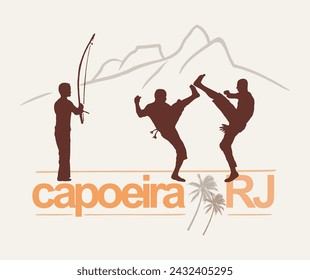 Vector illustration of capoeiristas silhouette in Rio de Janeiro.​Art representing a Rio lifestyle. Drawing in simple and stylized strokes.