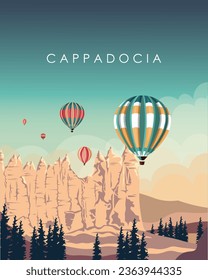 Vector illustration. Türkiye, Cappadocia. Design for poster, banner, postcard. Tourism, travel.