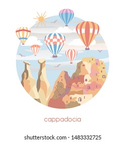 Vector illustration Cappadocia. Famous turkish travel destination in flat style. The fairy chimneys, rocks, stones, fortress and bright colorful hot air ballons in the sky. Travel to Turkey concept.