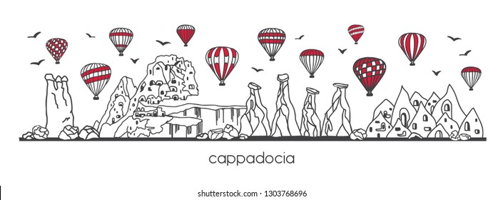 Vector illustration Cappadocia, Turkey. Hand drawn line doodle turkish symbols. Horizontal panoramic scene for banner or print design. Simple minimalistic style with black outline and red elements. 