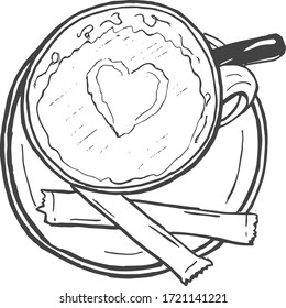 Vector illustration of a cappuccino coffee cup top view. Simple linear hand drawn icon.