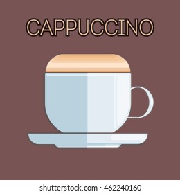 The vector illustration of cappuccino coffee on brown background.