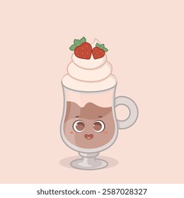 vector illustration of a cappuccino with cute pastel colored strawberries and happy face in cartoon style