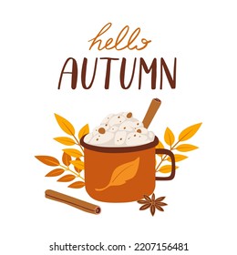 Vector illustration with cappuccino, latte cup and cinnamon.  International coffee day. Hand drawn autumn hot drink on white background.