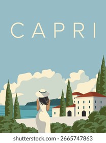 Vektorgrafik. Capri, Reiseplakat, Banner, Cover. Modernes Design. Touristische Postkarte.