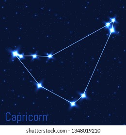 Vector illustration of Capricorn constellation. Astronomical Sea goat. Cluster of realistic stars in the dark blue starry sky.