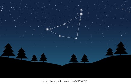 Vector illustration of Capricorn constellation on the background of starry sky and night landscape