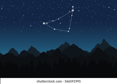 Vector illustration of Capricorn constellation on the background of starry sky and night mountain